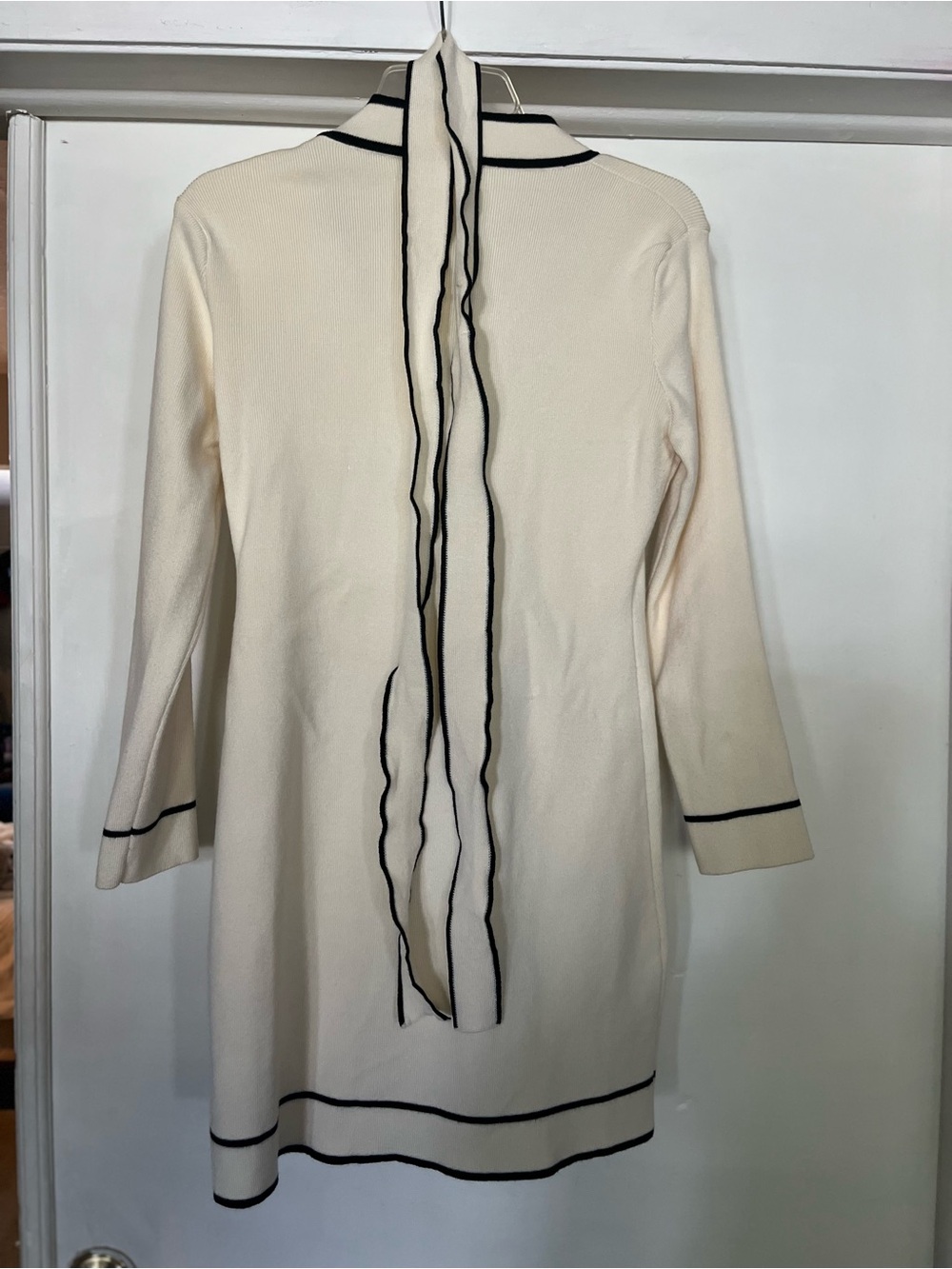 Cream Long Button Cardigan with Black Trim - Picture 3 of 3